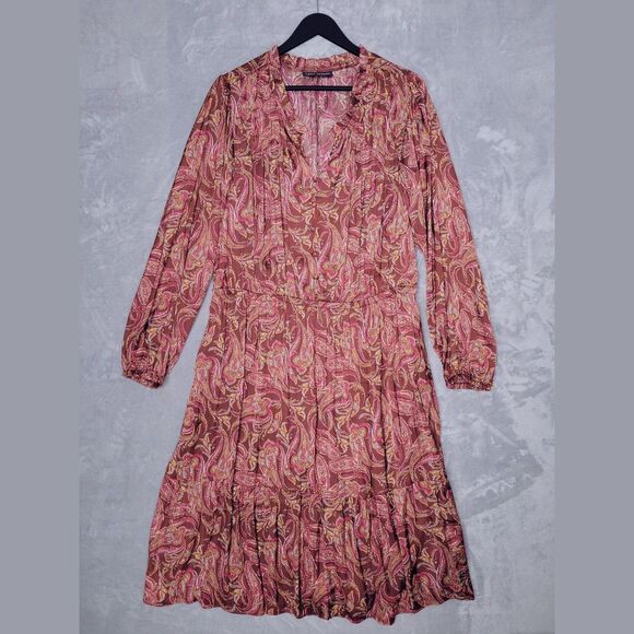 LANE BRYANT Brown Paisley Midi Dress Size 18 Long Sleeve Ruffle Neck Silky Boho - Picture 4 of 12